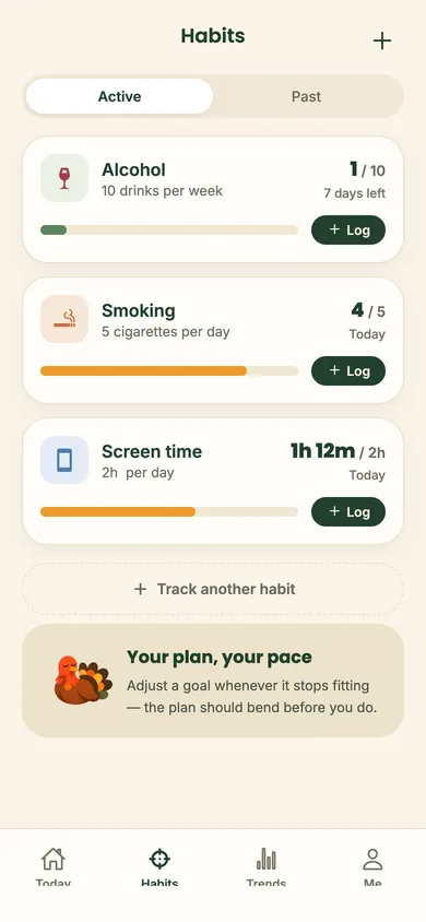 The Habits screen showing three goals with progress bars: 1 of 10 drinks this week, 4 of 5 cigarettes today, and 1h 12m of a 2h screen-time budget