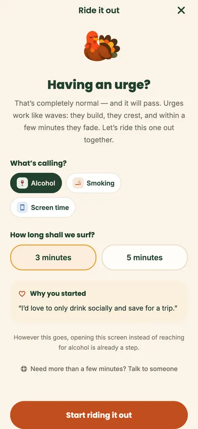 The ‘Having an urge?’ screen offering a 3 or 5 minute ride-it-out timer, your own reason for starting, and a link to talk to someone